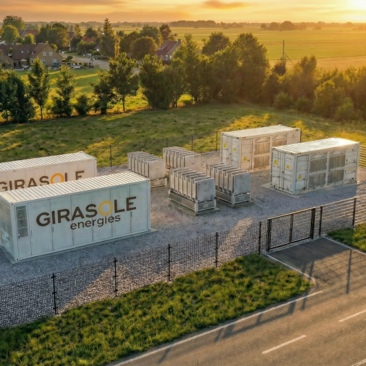 Système de stockage d’énergie par batterie exploité par Girasole Energies, contribuant à la flexibilité du réseau électrique.